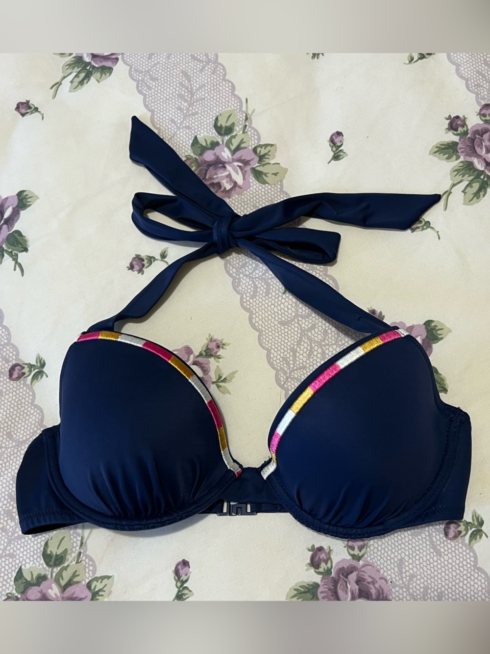 énfasis Navy Bikini Top with Pink, Yellow and Silver Trim